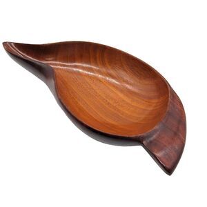 VINTAGE MCM Pantalcraft Hand Carved Mahogany Leaf Serving Tray Made in Haiti